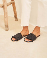 Fringed Knots Raffia and Leather Sandals |